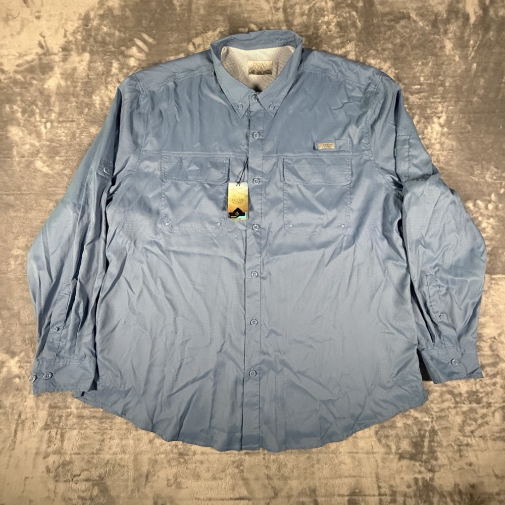 Ocean Coast Shirt Men's XXL Blue Long Sleeve Vented Wicking UV Stretch Fishing